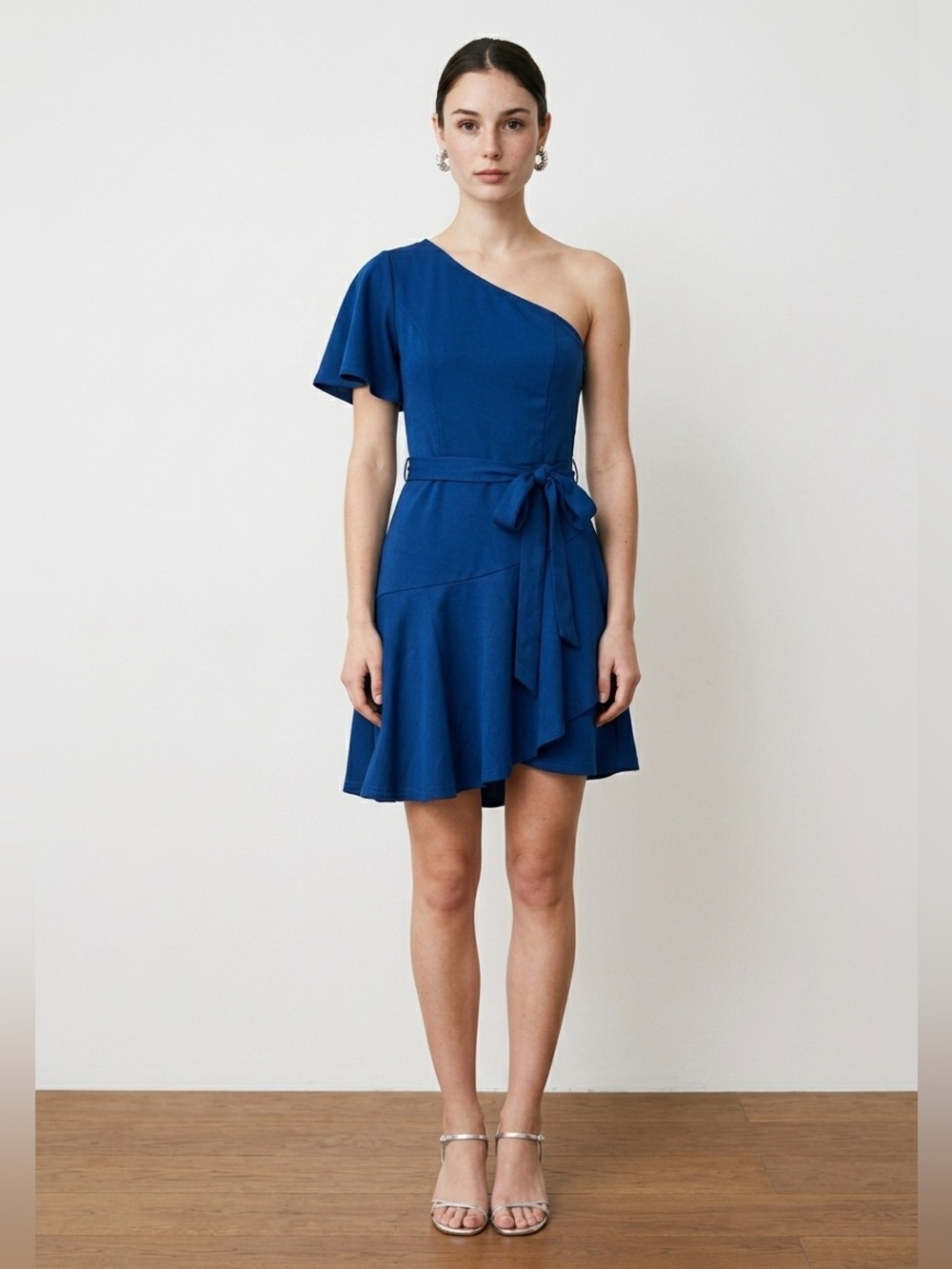 Grace Karin One-Shoulder Cobalt Blue Tie-Waist Dress